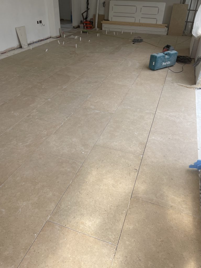 Newbury Limestone been installed by Simali Stone showing random lengths and ungrouted lines