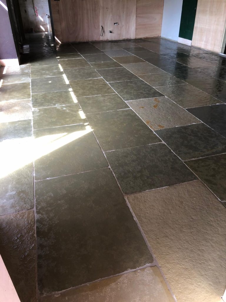 Cathedral Stone kitchen floor showing natural colour variation and random length tiles in Frome, Somerset