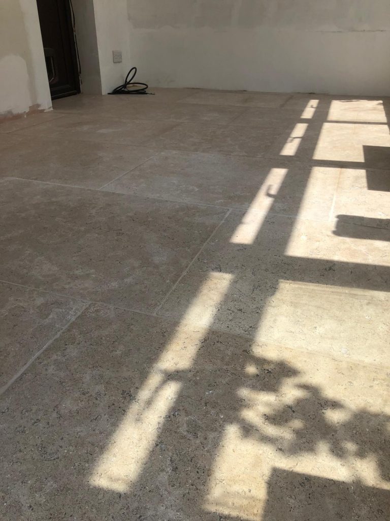 Large format Heritage limestone tiles in contemporary kitchen setting