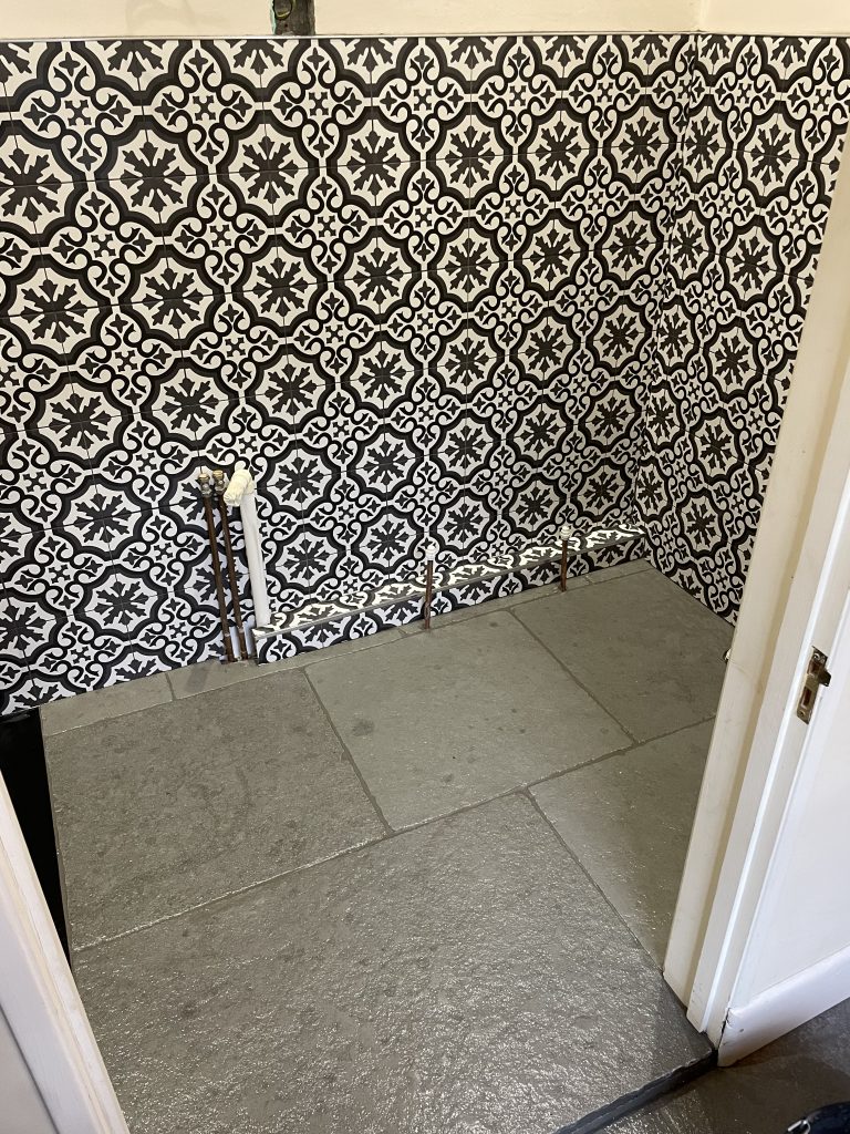 bathroom wall tiling Gillingham Dorset can see the finished walls with cathedral grey limestone on the floor too.