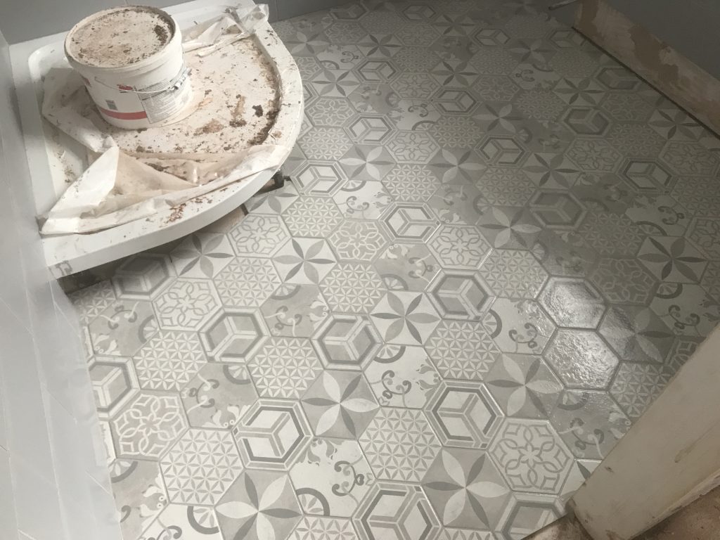 grey hexagon patterned bathroom floor tiles modern porcelain installation