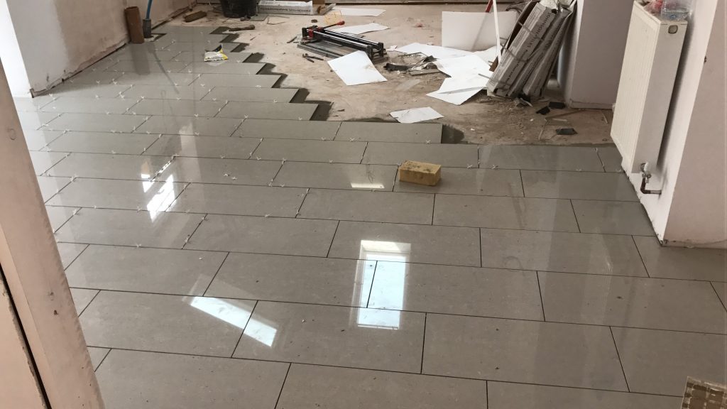 part installed porcelain floor 