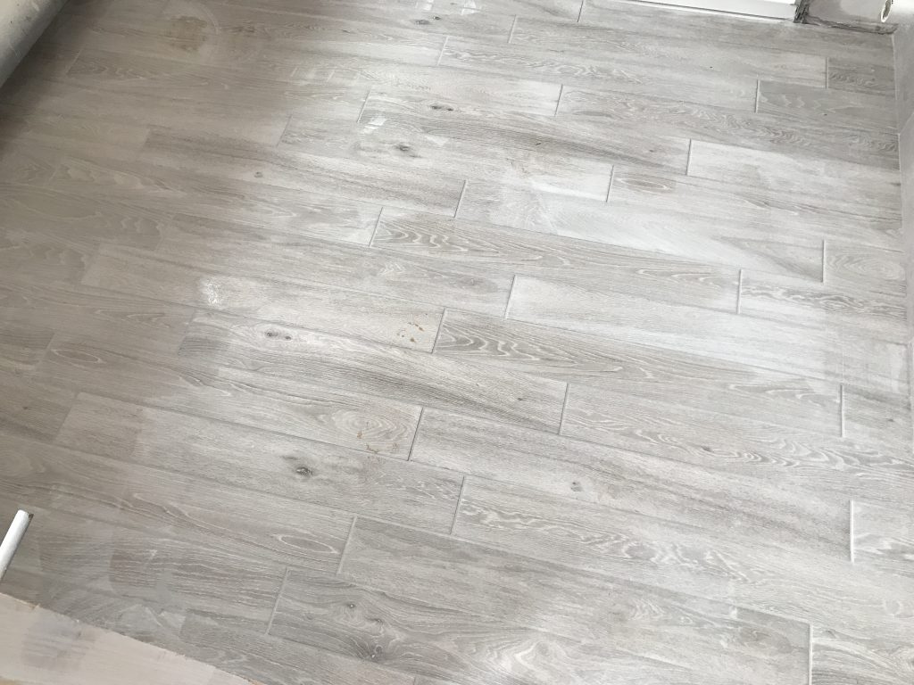 grey wood effect plank bathroom floor tiles silver birch style porcelain flooring