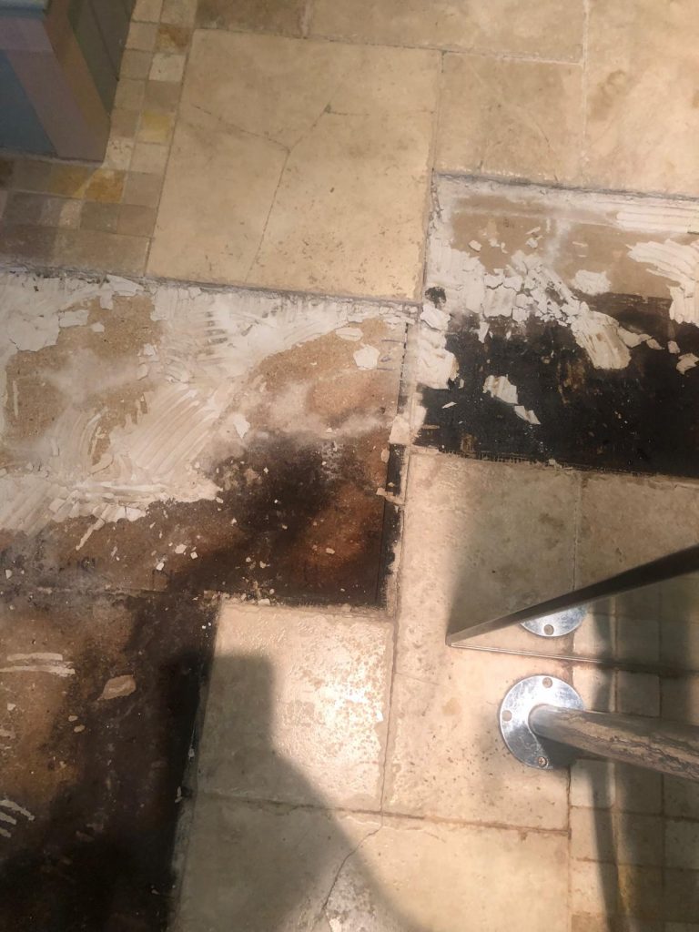 showing damp mouldy timber, cracked floor tiles and old ahdesive