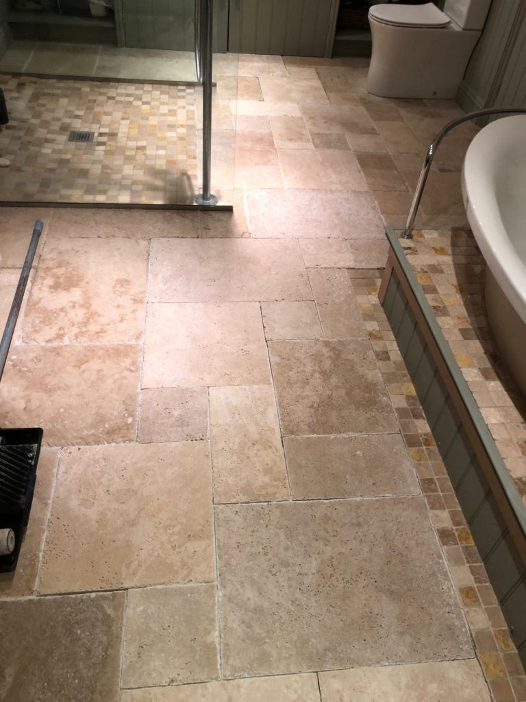travertine bathroom floor Dorset installation before repair